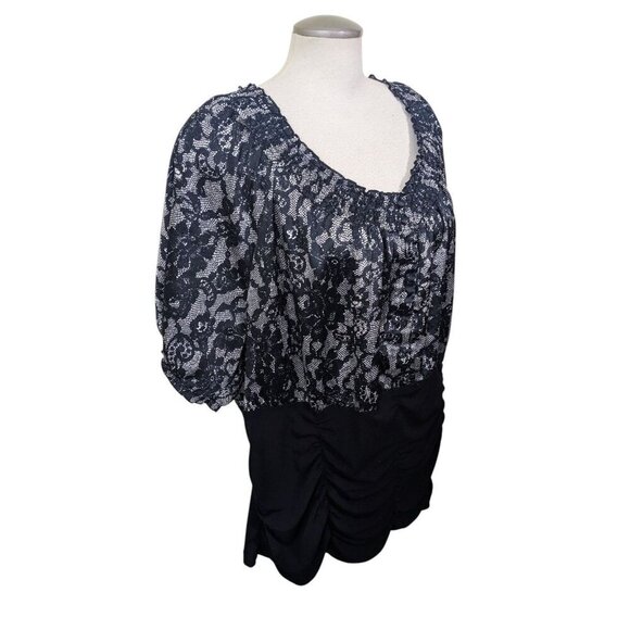 MXM Womens Plus Size 4X Blouse Black White Lace Print Puff Sleeve Ruched Front - Picture 3 of 8